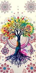 Whimsical watercolor tree of life flourishes amidst intricate geometric designs, low angle view,  flat lay,  growth symbol