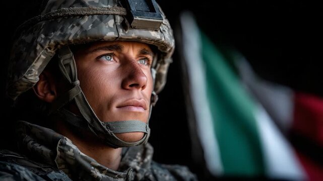 358Soldier in Italian camouflage standing resolutely, Italian flag billowing behind, side-view portrait, cinematic depth with soft shadows on face, conveying honor, duty, and national