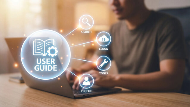 User guide digital manual system showing online help documentation with search cloud tools and profile features for software application instruction and customer support navigation