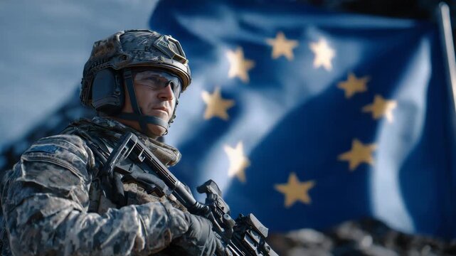 366EU soldier standing in side view, EU flag flowing in wind behind, soft cinematic light creating depth on uniform textures, strong resolute posture, conveying duty and continental u