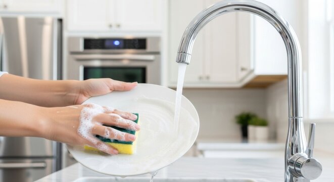 Woman washing a plate with a sponge under running water in a modern kitchen sink.