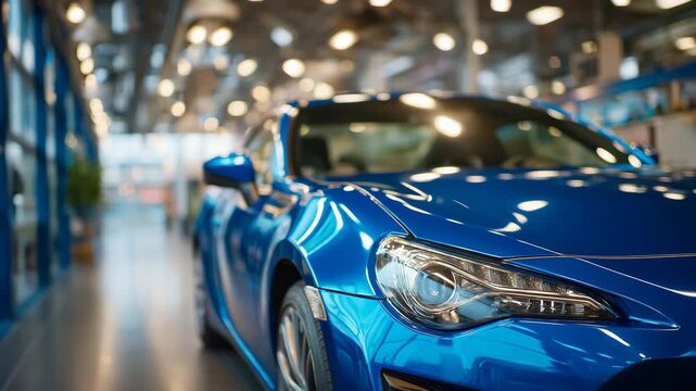 380Polished sports car on glossy showroom floor, headlights reflecting soft ceiling lights, metallic paint glinting, close-up of aerodynamic lines, luxury car design and craftsmanship