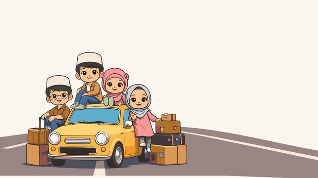 Muslim Family Eid Homecoming Travel by Car with Luggage &ndash; Mudik Lebaran Holiday Journey Illustration