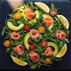 Salmon Salad Platter, Kitchen, Photography, Bright Environment, Close-Up, Fresh Ingredients