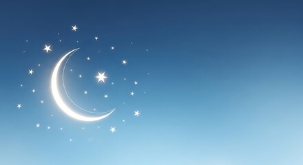 Fototapeta premium Glowing crescent moon and stars shining brightly in clear night sky
