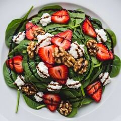 Fresh Strawberry Spinach Salad Preparation, Culinary Delight, Kitchen, Food Photography, Vibrant Colors, Top View, Healthy Eating Concept