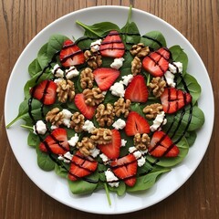 Healthy Gourmet Salad Presentation, Spinach and Strawberry, Dining Table, Food Photography, Natural Lighting, Top View, Culinary Delight