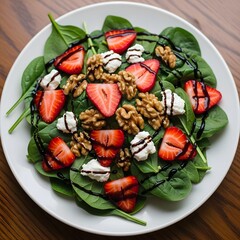 Fresh Spinach Salad with Strawberries and Walnuts, Delicious Healthy Dish, Kitchen Setting, Food Photography, Bright Colors, Top View