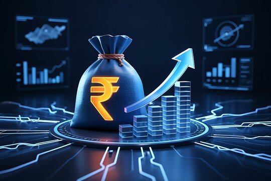 Money bag with Indian rupee symbol and rising bar graph on futuristic technology background with financial charts and growth arrow representing financial success and economic progress illustration