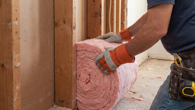 Construction worker installing fiberglass batt insulation into wall cavity during home energy efficiency upgrade