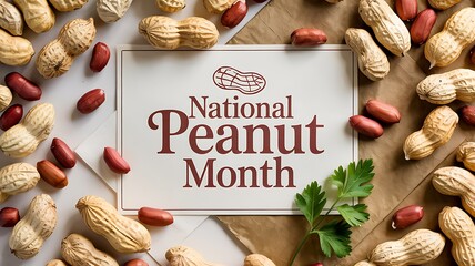 Flat lay composition celebrating National Peanut Month with peanuts in shells and shelled kernels surrounding a sign, signifying food and celebration