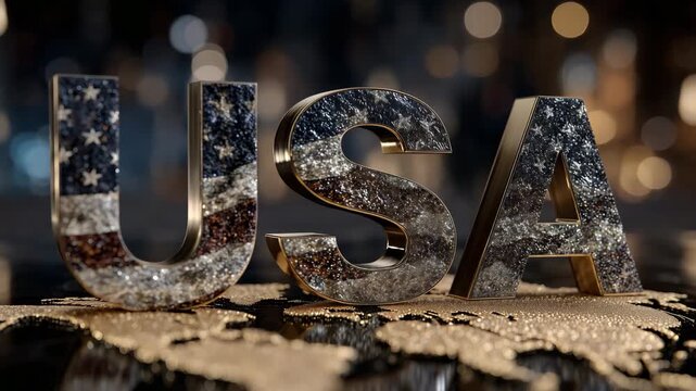 404USA in three-dimensional stars-and-stripes letters, illuminated by warm studio lights, golden metallic world map below, cinematic wide-angle perspective emphasizing global presence