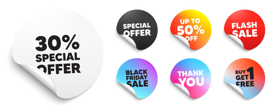 Discount sticker tag. Special offer paper price tags. 30 percent discount offer tag. Sale price promo sign. Special offer symbol. Discount, black friday sticker. Promo banner. Vector