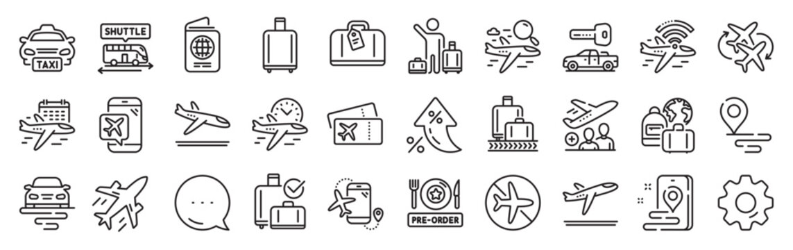 Airport line icons. Settings gear, Message, Inflation icons. Boarding pass, Baggage claim, Arrival and Departure. Connecting flight, tickets, pre-order food icons. Vector