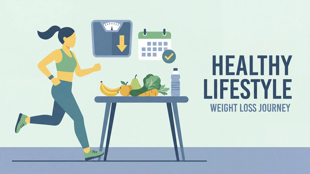  Healthy lifestyle weight loss journey concept showing diet plan exercise routine and goal tracking for wellness