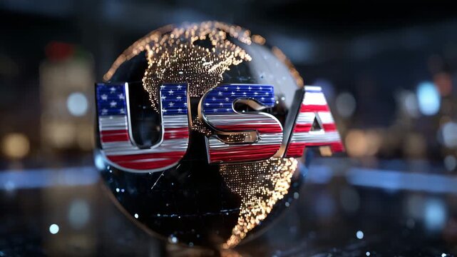407Cinematic wide shot of floating 3D USA letters in patriotic red, white, and blue, above a glowing golden globe map, reflections and soft shadows highlighting proud and globally c