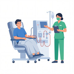 Nurse monitoring dialysis machine while patient undergoes kidney failure treatment in medical clinic illustration