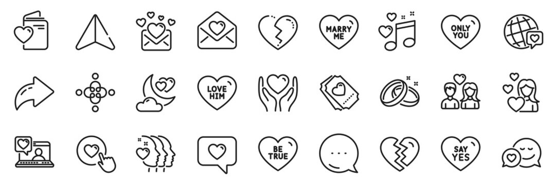 Dating, Say yes and Friends couple line icons pack. Share, Message, Paper plane icons. World brand, Love, Friends chat web icon. Hold heart, Like button, Love him pictogram. Vector