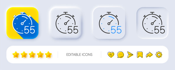 Fototapeta premium Timer 55 minutes line icon. Neumorphic, Flat shadow, 3d buttons. Stopwatch time sign. Countdown clock symbol. Line timer icon. Social media icons. Vector