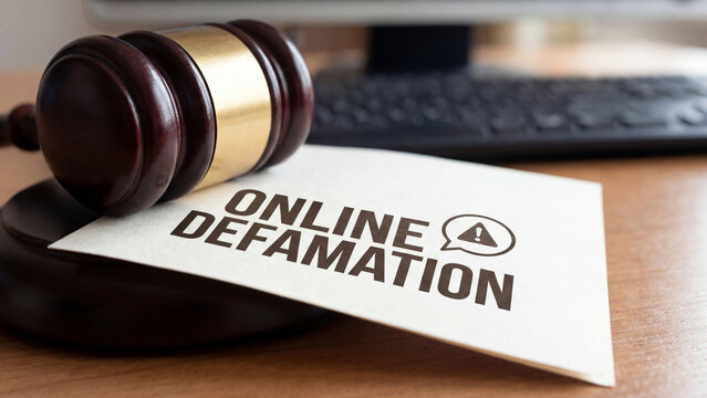 Online defamation legal document with gavel and keyboard representing internet slander lawsuit and digital law