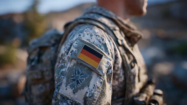 435Close-up of a German soldier in uniform, unrecognizable identity, focus on shoulder and German flag patch, soft ambient lighting enhancing fabric texture, cinematic, realistic mili