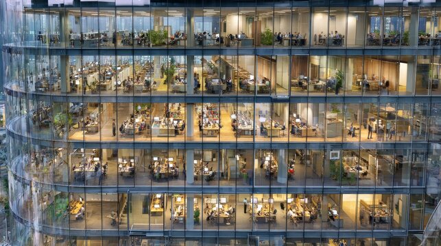 Cross section view of a contemporary office building showing various departments including HR, IT, Marketing, and Finance with people working
