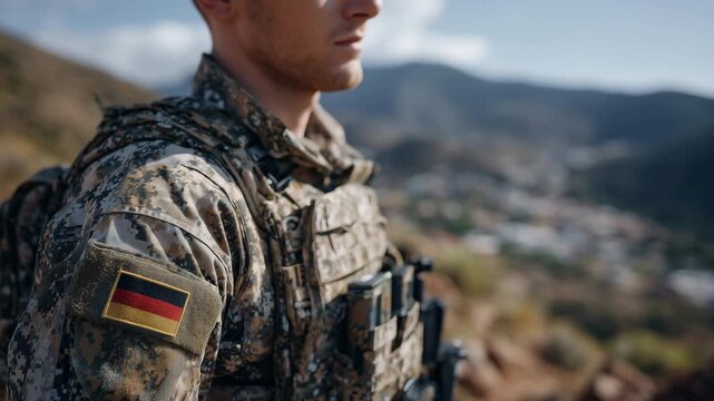 439Tight close-up of unrecognizable German soldier, camouflage uniform and German flag patch in crisp detail, soft shadows across tactical vest, cinematic focus on gear and insignia