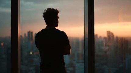 Fototapeta premium Silhouette of a person standing by a large window overlooking a city skyline at sunset, with vibrant colors reflecting off glass