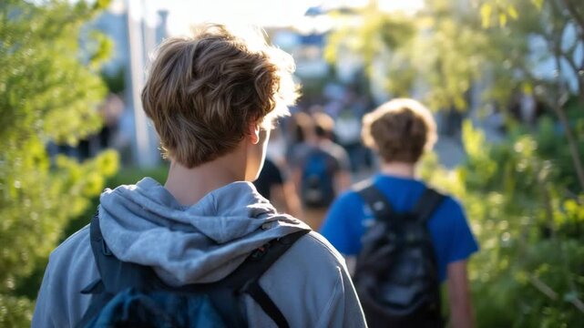 443Diverse high school students from behind, backpacks visible, walking along a tree-lined path to school, soft morning sunlight filtering through leaves, casual chatter implied, brig