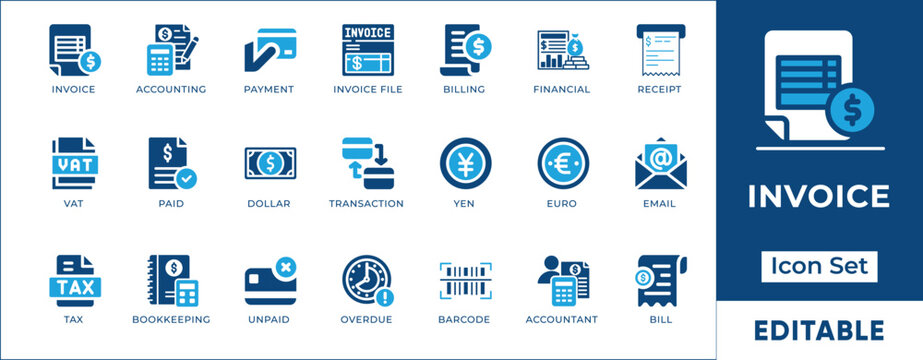 Modern business accounting invoice and financial billing payment vector icon set