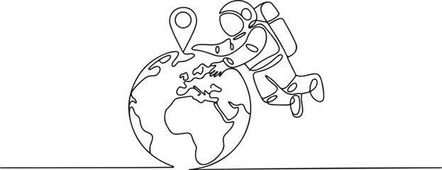 Continuous one line drawing astronaut places a pin location point on surface of globe. Mapping from space areas whose sustainability is urgently needed. one line Icon drawing © them