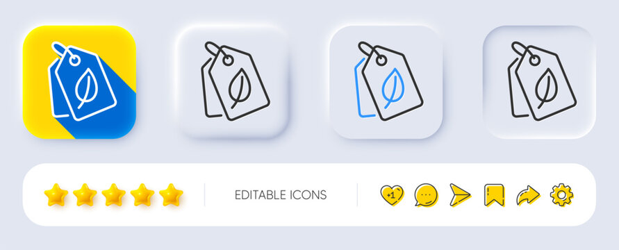 Bio shopping tags line icon. Neumorphic, Flat shadow, 3d buttons. Leaf sign. Natural products symbol. Line bio tags icon. Social media icons. Vector
