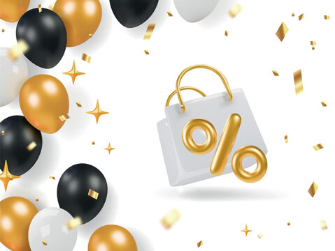 Sale banner 3D,percent, sale bag and gold black and white balloons. Discount banner with confetti, promo banner cartoon