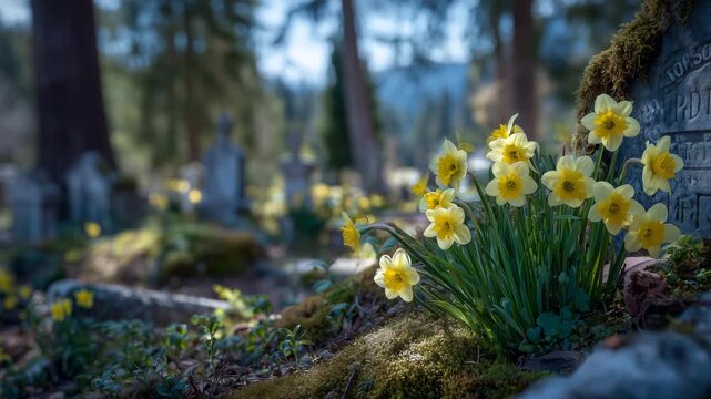 454Yellow spring blooms near a moss-covered gravestone, soft sunlight illuminating petals and engraved letters, blurred gravestones and trees in background, serene cemetery compositio