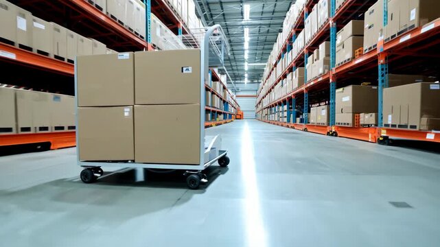 A cart loaded with cardboard boxes moves through a large warehouse. Shelves on both sides are lined with many packages. Workers manage the flow of goods in this busy space.