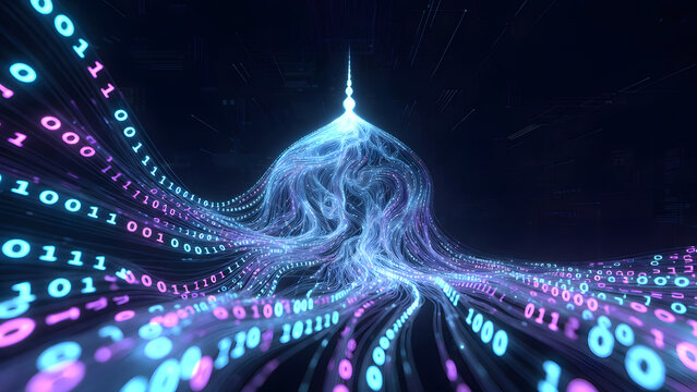 Abstract digital network with flowing binary code and luminous connections symbolizing data and technology.