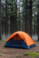 Orange Camping Tent in Misty Forest