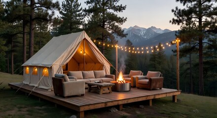 Luxury Forest Glamping Tent with String Lights