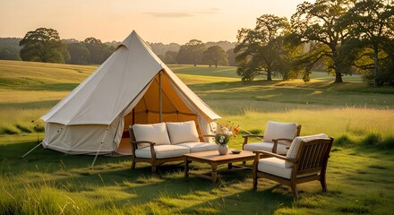 White Glamping Tent with Outdoor Lounge Area