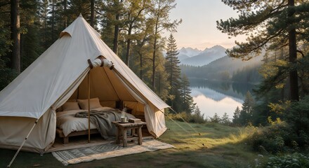 White Safari Tent in Forest with Lake View
