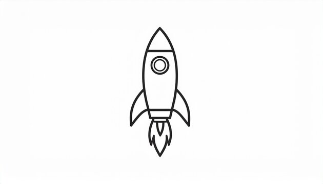 Minimalist black and white rocket launching into space vector illustration