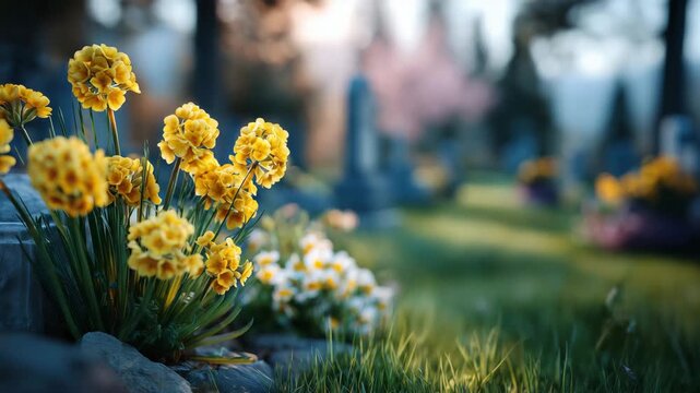465Yellow flowers growing in clusters next to gravestone, sunlight casting soft shadows on fresh green grass, background of spring trees and blurred gravestones, intimate and calm cem