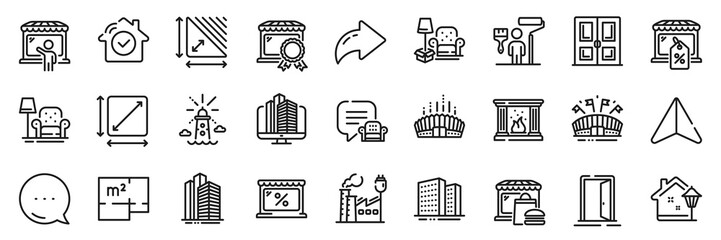 Naklejka premium Factory, Enterprise and Lounge place line icons pack. Share, Message, Paper plane icons. Buildings, Lighthouse, Square area web icon. Food market, Market sale, Arena stadium pictogram. Vector