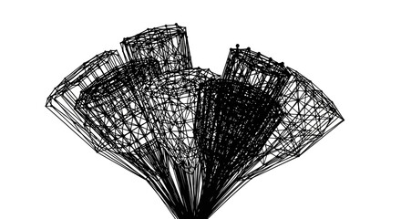 Wireframe 3d model of a complex geometric shape with multiple connected curved surfaces in black on white background © Kamola