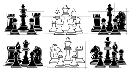 Chess pieces arranged on a board in a strategic formation for gameplay and competition © Kamola