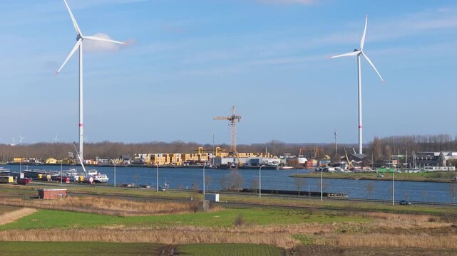 elevated marina tucked along ghent&ndash;terneuzen canal zelzate where rows white leisure boats moored adjacent industrial storage yard to drone shot seaport of ghent belgium volvo car gent 