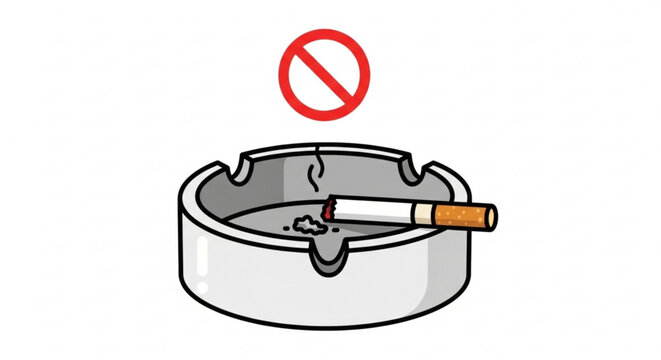 No smoking symbol with cigarette in ashtray prohibited sign above white background