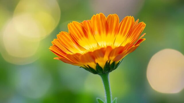 Close up footage of orange calendula flower petals gently moving in breeze with soft bokeh background