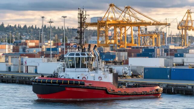 474Red tug boat moored near dockside in a bustling city port, cranes and cargo ships in background softly blurred, golden-hour sunlight casting warm reflections on water, cinematic ur