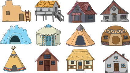 Traditional houses, modern homes, global architecture, cultural heritage, adobe pueblo, stilt house, chalet, igloo, yurt, tipi, cabin, hut, roundhouse design © Creative Art